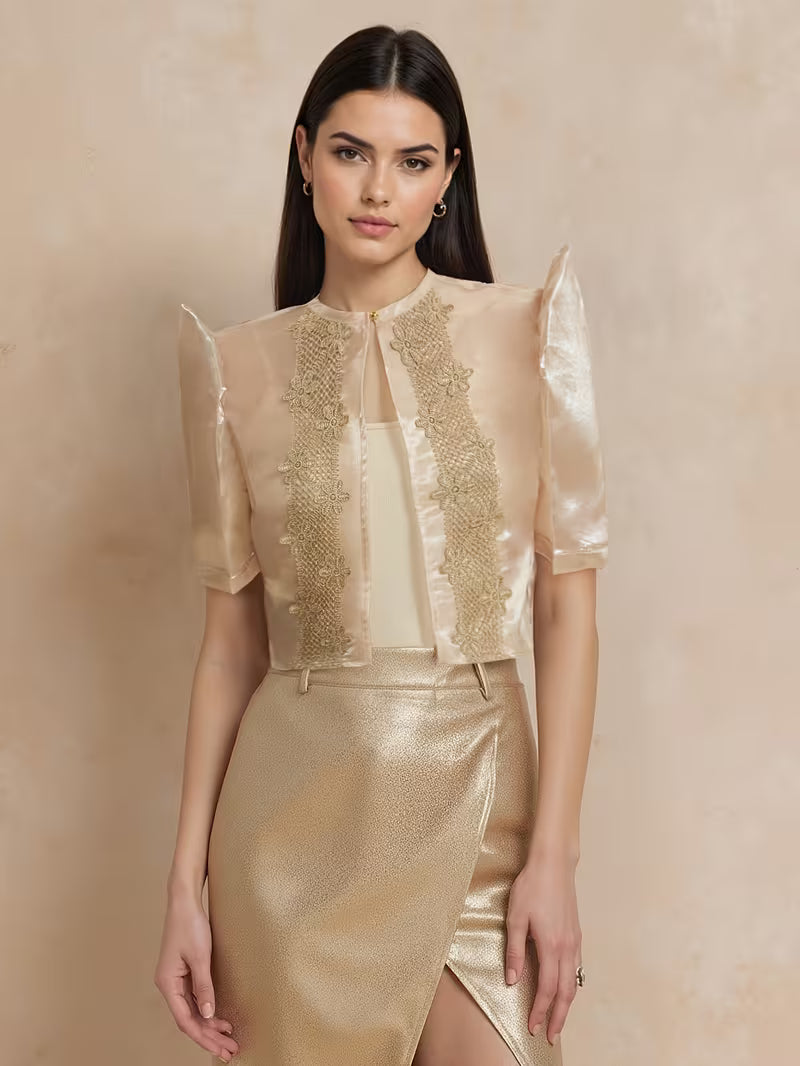 Light Gold Luxurious Solid Color Embroidered Blouse