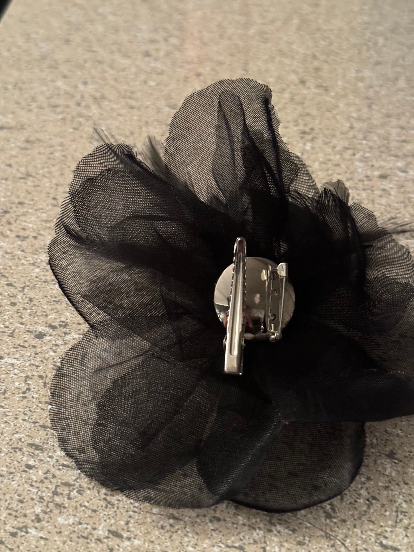 4 inch Organza on Petal Black Fabric Flower Brooch Pin for Lapel & Headwear.