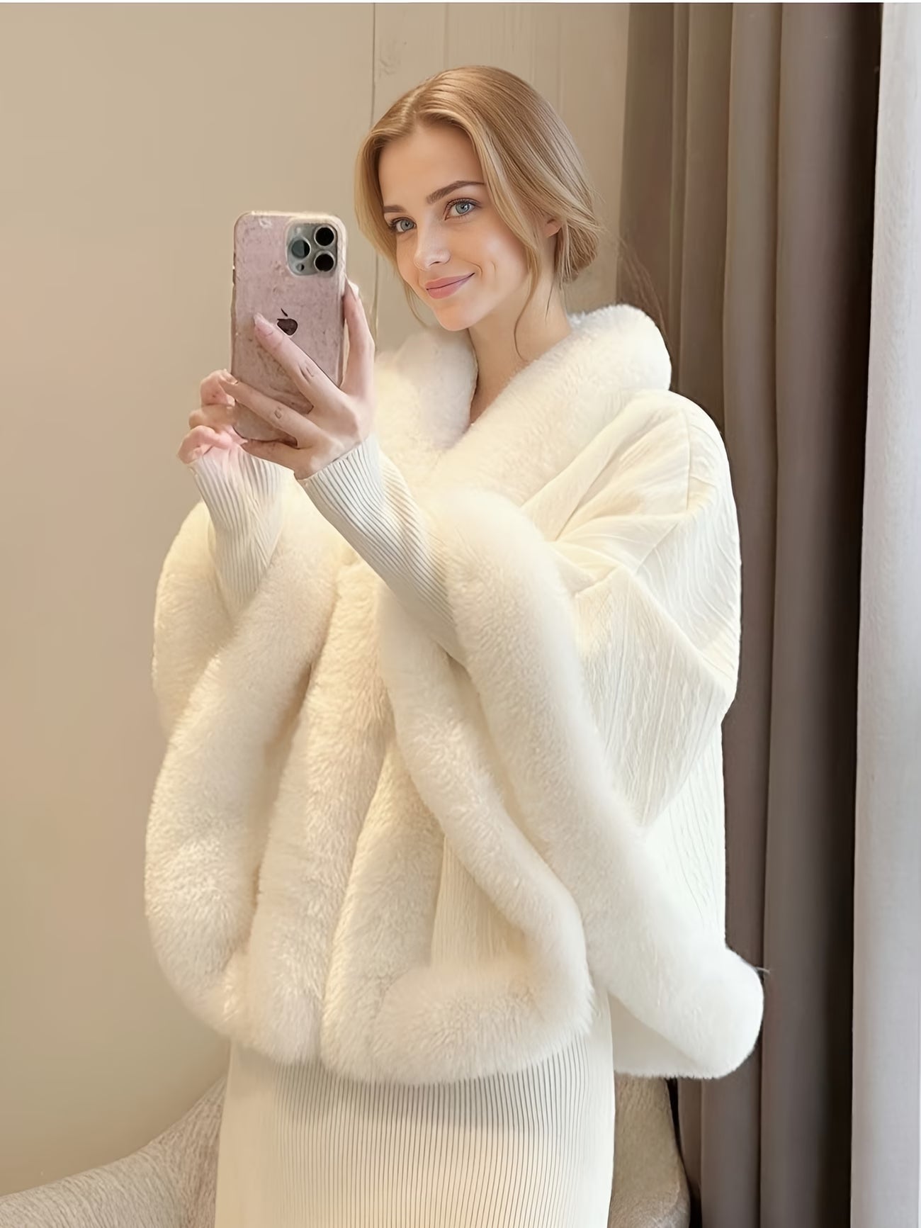 A White Luxurious Stylish Cape Shawl of Thick Fleece
