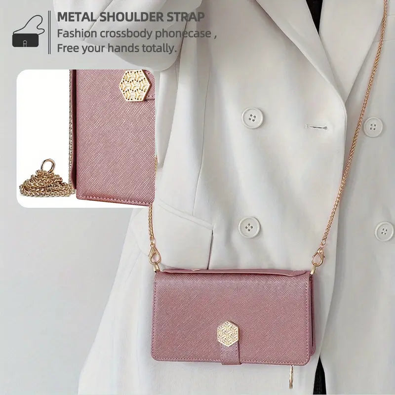 Rose Gold lPhone 16 Pro Max Hardware Chain with Zipper, Wallet, Multi Slot Phone Case