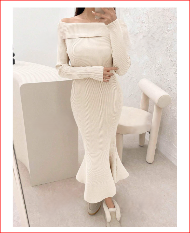 Luxurious & Sophisticated Off Shoulder Sweater Beige Dress