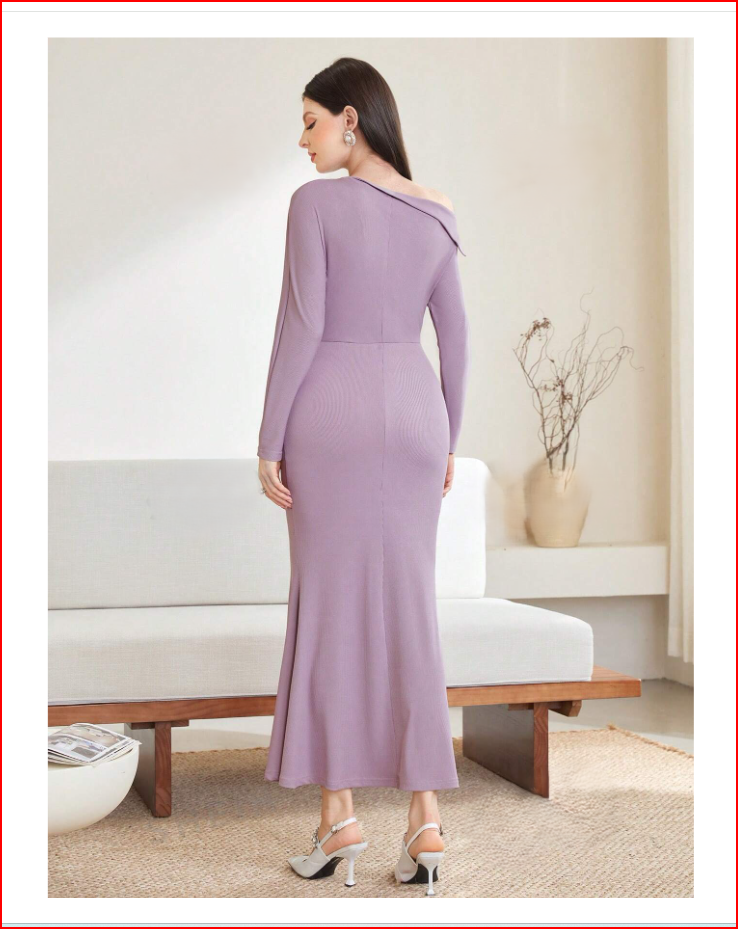 Asymmetric Collar Batwing Sleeve Dress