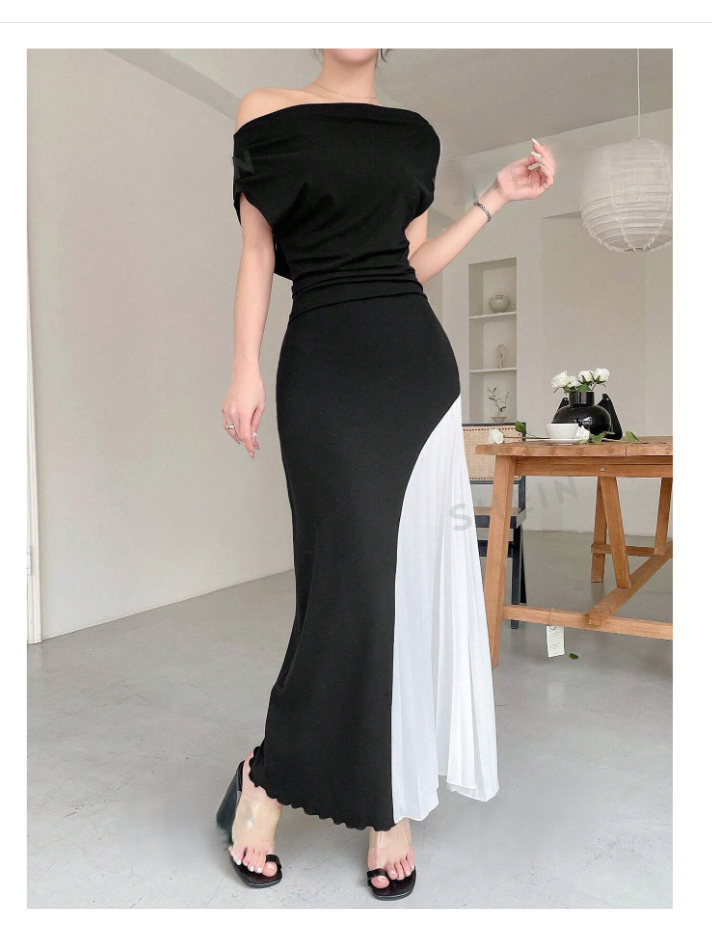 Exotic Black & White Color Block Dress with side White Pleats