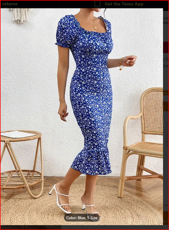 Blue Floral Print Puff Sleeve Ruffle Hem Dress