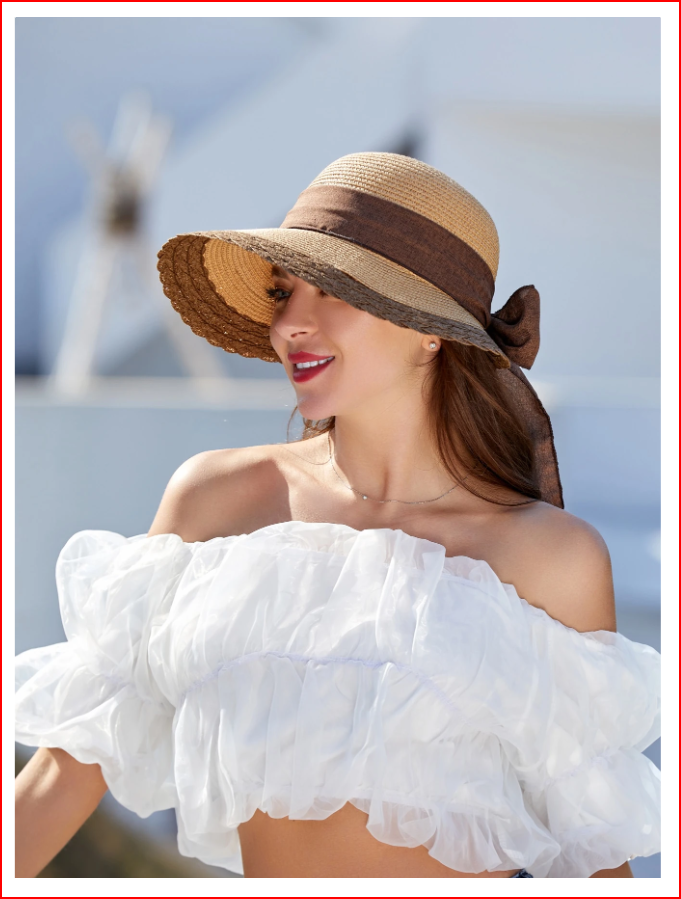 Women`s Beach Wide Brim Natural Straw Hat, Woven, With Sun Protection and Shade