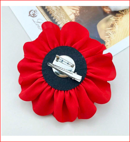 Extra Large French Pleated Fabric Flower Brooch Pin Red