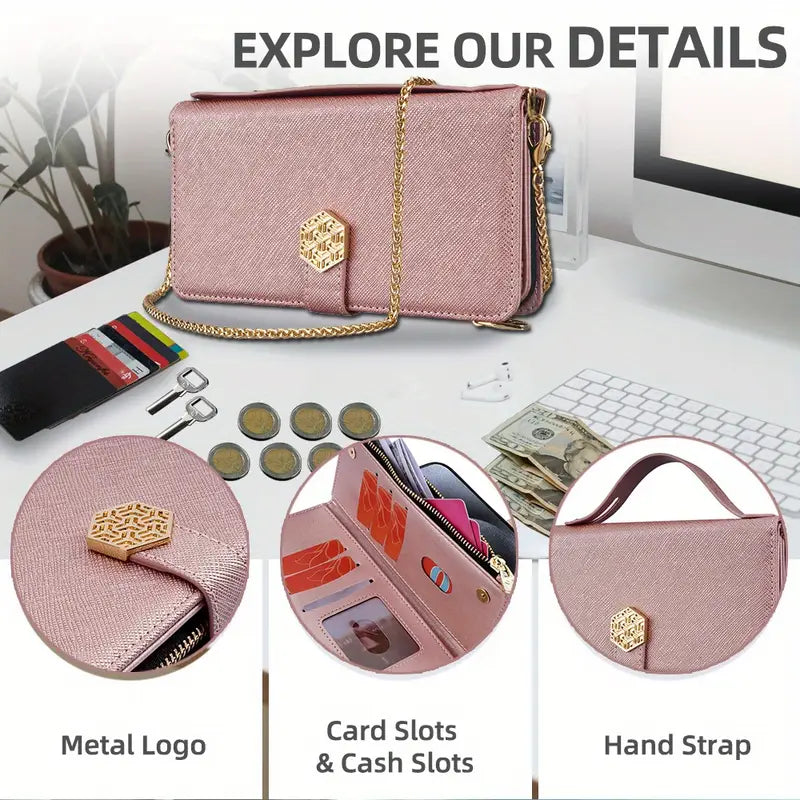Rose Gold lPhone 16 Pro Max Hardware Chain with Zipper, Wallet, Multi Slot Phone Case