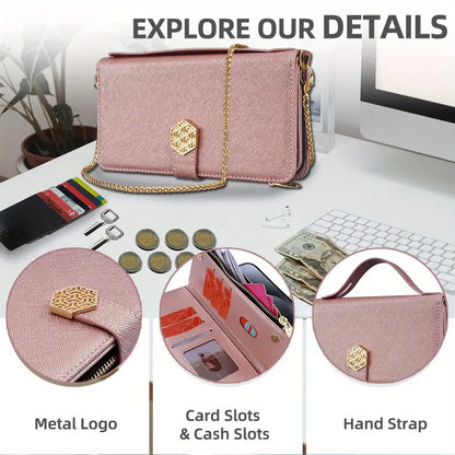 Rose Gold lPhone 16 Pro Max Hardware Chain with Zipper, Wallet, Multi Slot Phone Case
