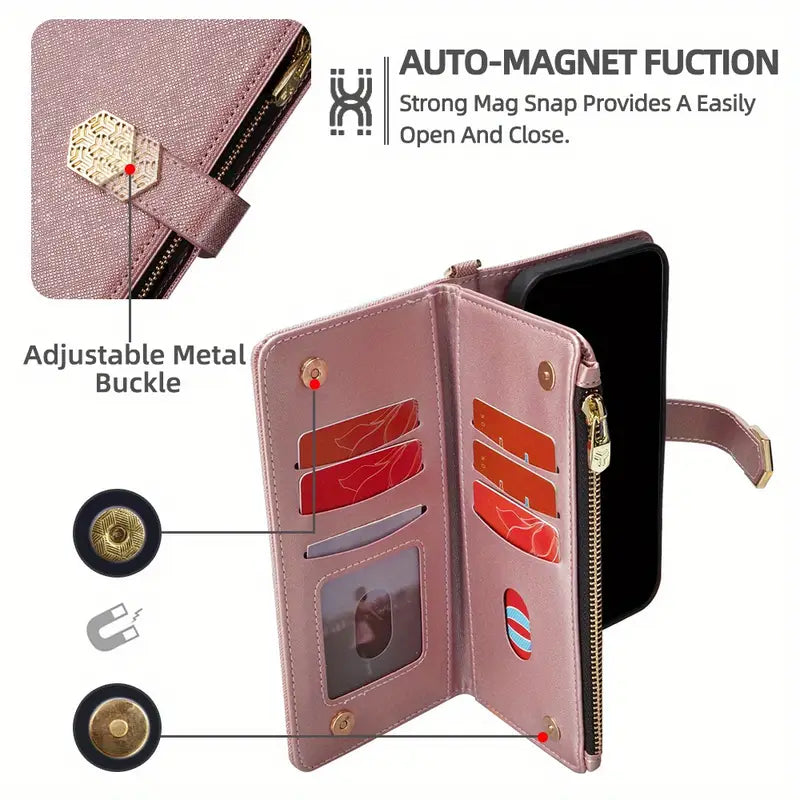Rose Gold lPhone 16 Pro Max Hardware Chain with Zipper, Wallet, Multi Slot Phone Case