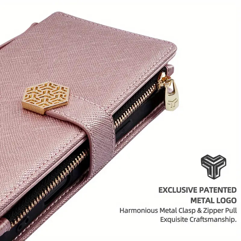 Rose Gold lPhone 16 Pro Max Hardware Chain with Zipper, Wallet, Multi Slot Phone Case