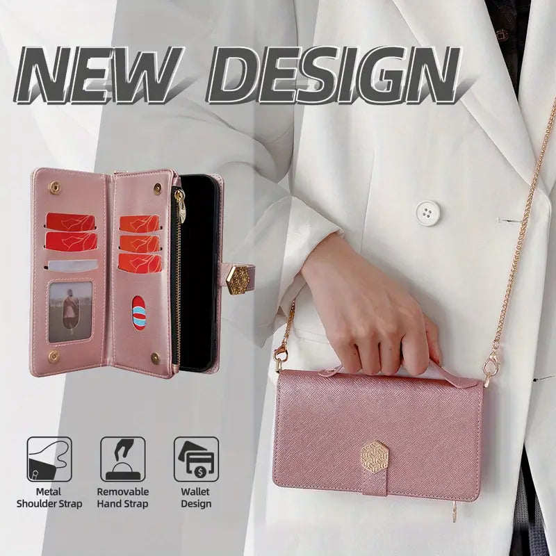 Rose Gold lPhone 16 Pro Max Hardware Chain with Zipper, Wallet, Multi Slot Phone Case