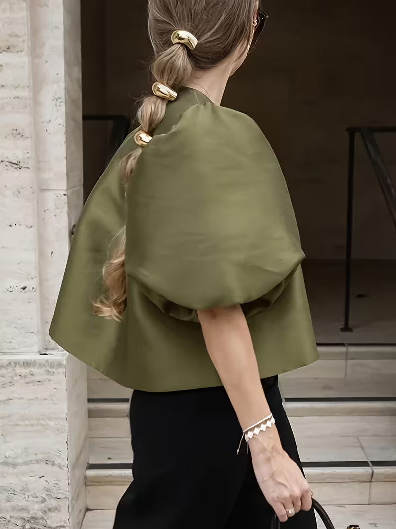 Elegant Army Green Satin Lantern Short-Sleeve Round-Neck Blouse