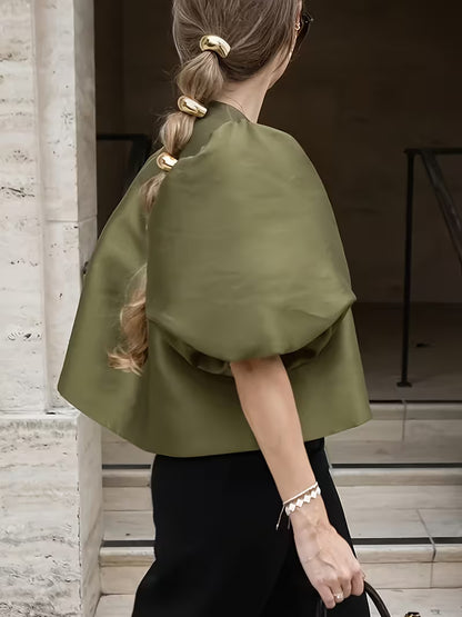 Elegant Army Green Satin Lantern Short-Sleeve Round-Neck Blouse