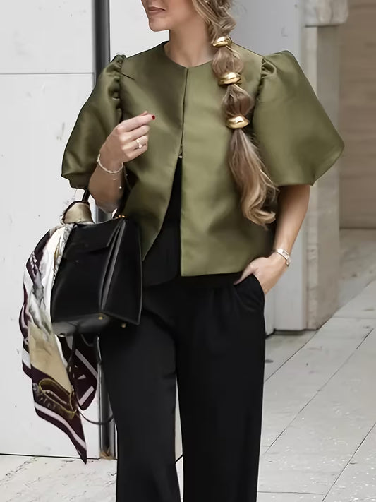 Elegant Army Green Satin Lantern Short-Sleeve Round-Neck Blouse