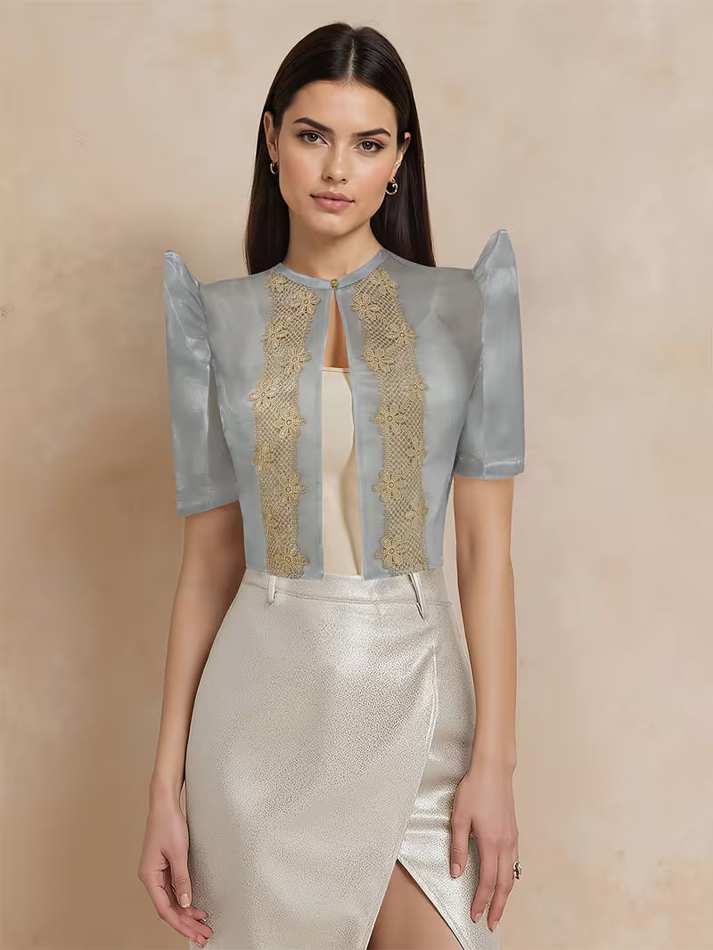 Polished Grey Solid Color Embroidered Blouse