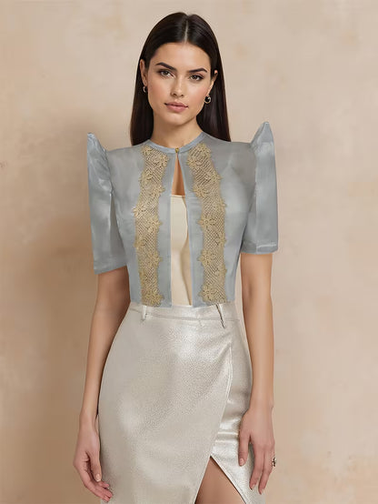 Polished Grey Solid Color Embroidered Blouse