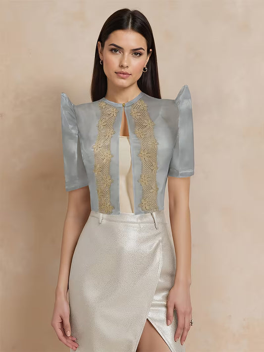 Polished Grey Solid Color Embroidered Blouse