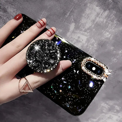 Black lPhone 16 Anti Fall Fashionable Star & Moon Folding Glass Phone Case