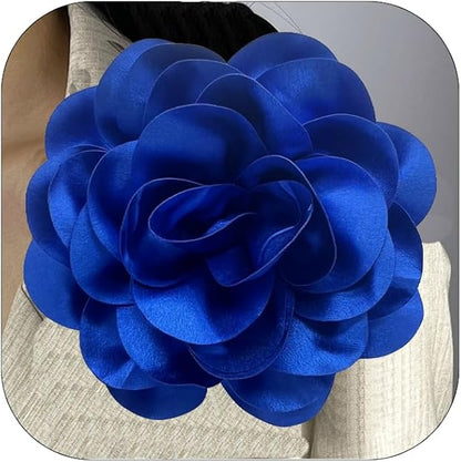 Extra Large French Pleated Fabric Flower Brooch Pin  Royal Blue
