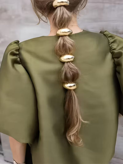 Elegant Army Green Satin Lantern Short-Sleeve Round-Neck Blouse
