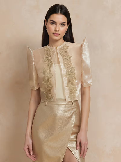 Light Gold Luxurious Solid Color Embroidered Blouse