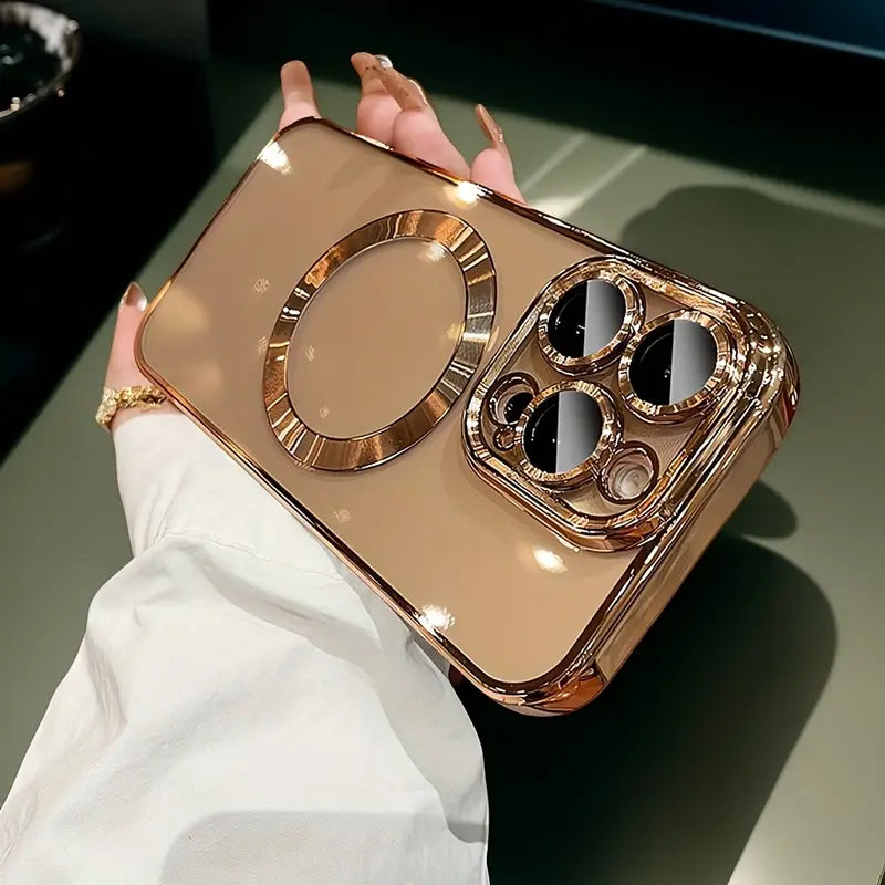 Golden Electroplating Rhinestone Magnetic lPhone 16. Phone Case.
