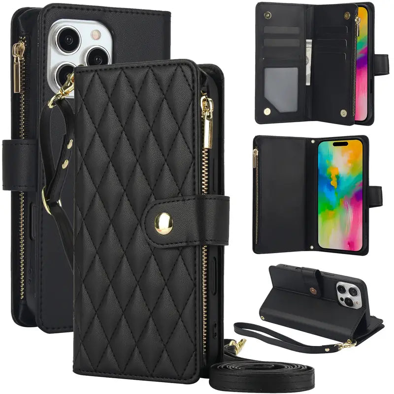 Adjustable Black Crossbody Wallet Case For lPhone 16