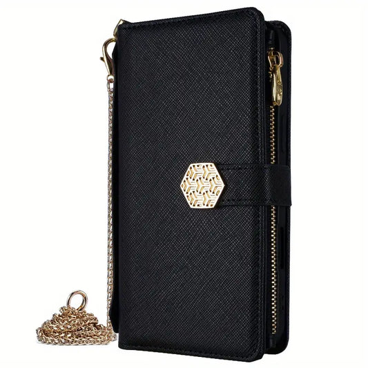 Black lPhone 16 Pro Max Hardware Chain with Zipper, Wallet, Multi Slot Phone Case.