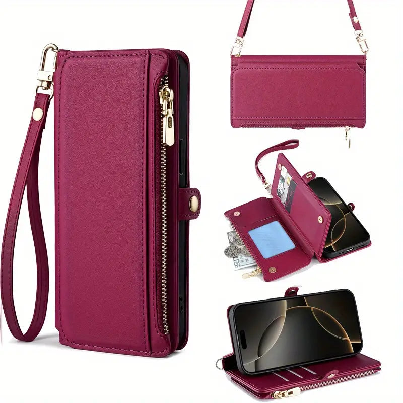 Red, Crossbody Credit Card Holder Case for lPnone 16 Pro Plus