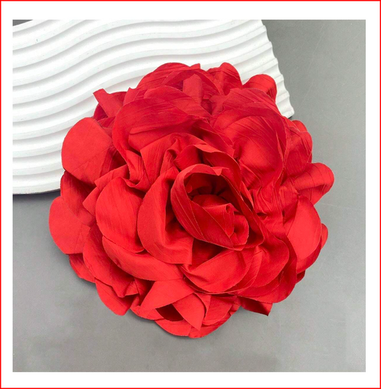 Extra Large French Pleated Fabric Flower Brooch Pin Red