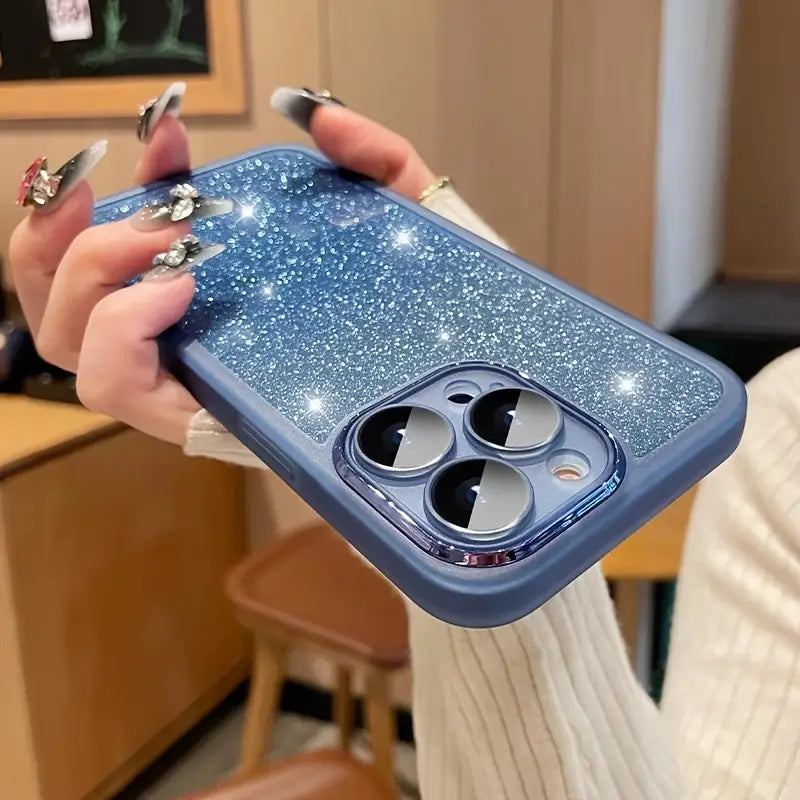 Blue Luxury Gradient Glitter Soft Bling Case For lPhone 16.