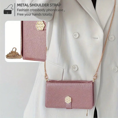 Rose Gold lPhone 16 Pro Max Hardware Chain with Zipper, Wallet, Multi Slot Phone Case