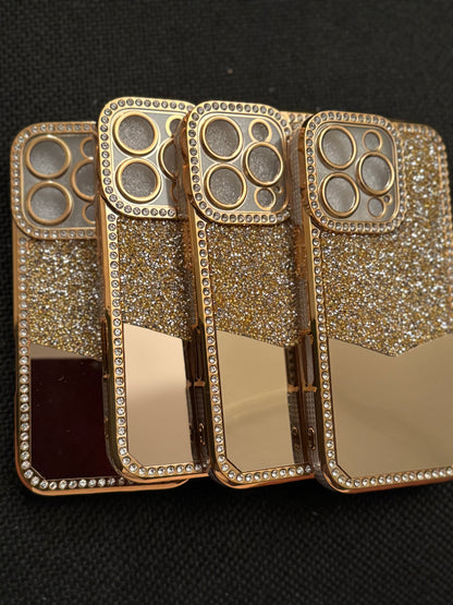 Gold Rhinestone Electroplating Laser Engraved Hollow Phone Case for lPhpne 16 Pro