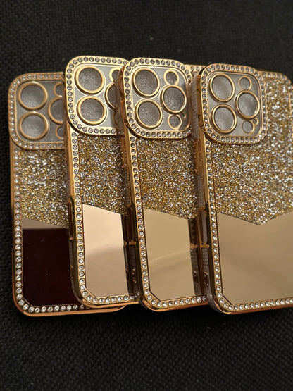 Gold Rhinestone Electroplating Laser Engraved Hollow Phone Case for lPhpne 16 Pro
