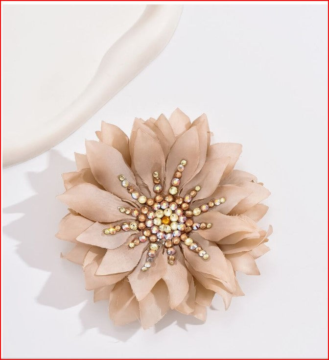 Elegant Crystalized Fabric Flower Brooch Pin For Lapel & Headwear