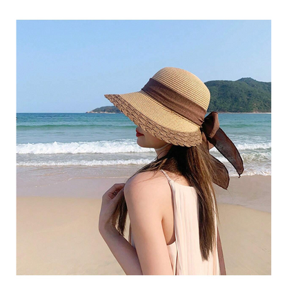 Women`s Beach Wide Brim Natural Straw Hat, Woven, With Sun Protection and Shade