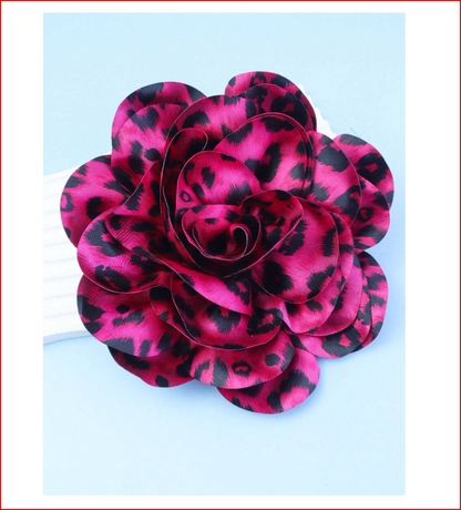 French Satin Exaggerated Leopard Print Fabric Flower Brooch Pin   Hot Pink