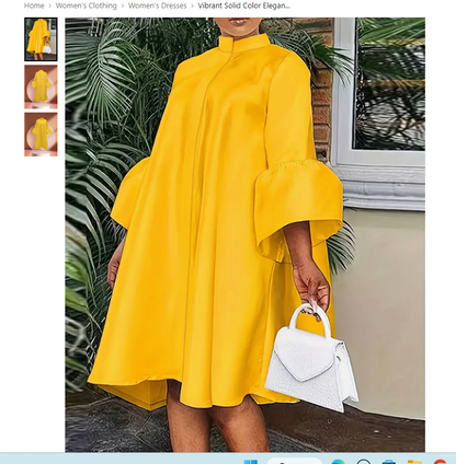 Vibrant Color Elegant Flare Mock Neck Loose Fit Dress