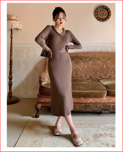 Elegantly Fuzzy Neck Trim Tieback Knit Sweater Dress