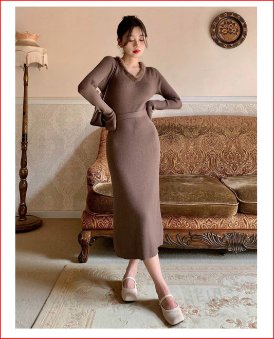 Elegantly Fuzzy Neck Trim Tieback Knit Sweater Dress