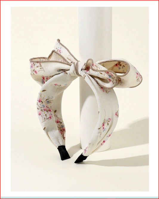 Beige Fabric Floral Bowknot Headband