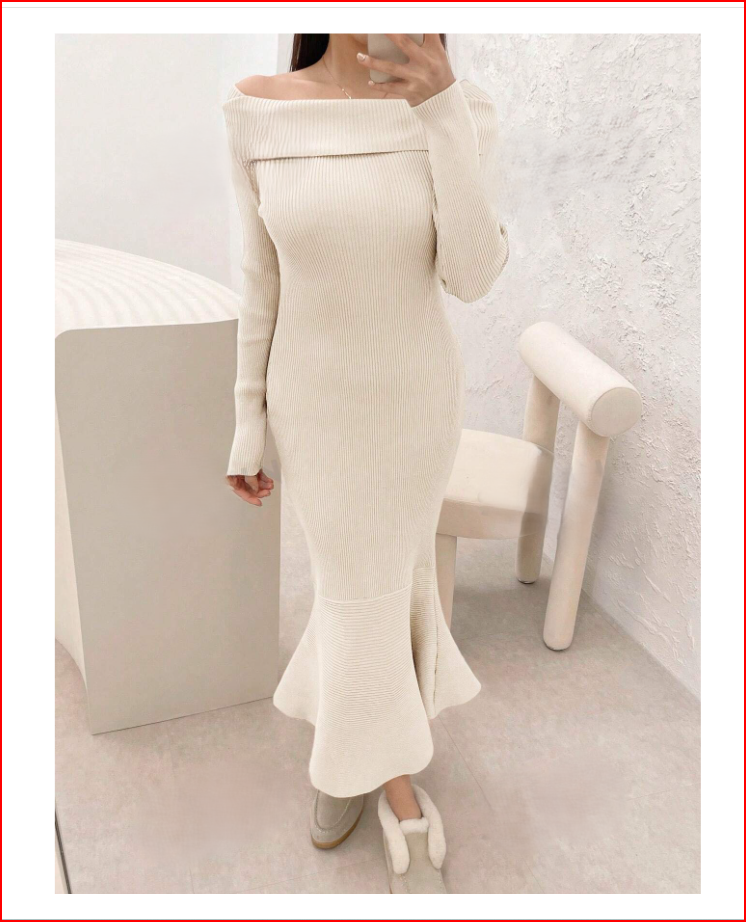Luxurious & Sophisticated Off Shoulder Sweater Beige Dress