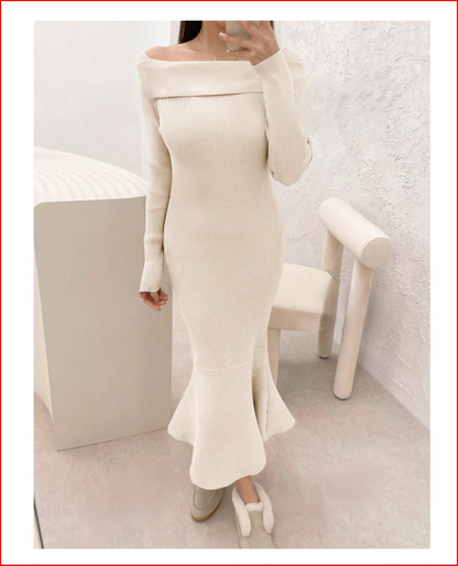 Luxurious & Sophisticated Off Shoulder Sweater Beige Dress