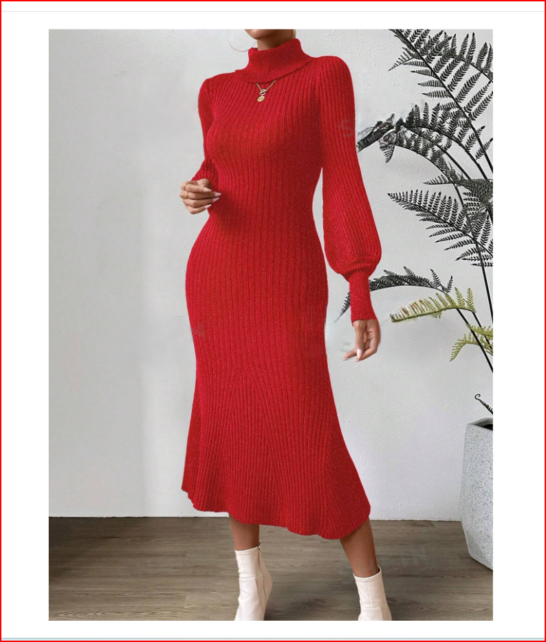 Red Turtle Neck Lantern Sleeve Sweater Dress