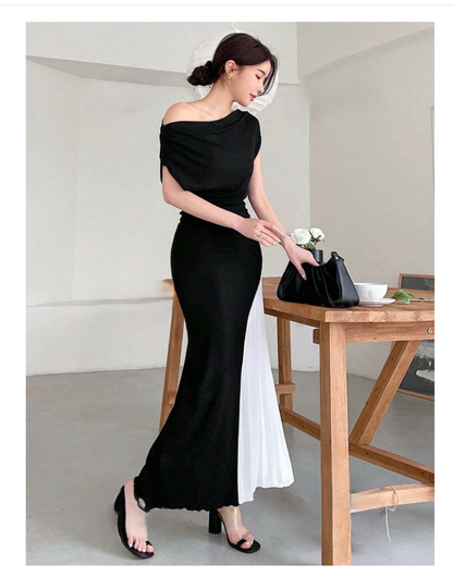 Exotic Black & White Color Block Dress with side White Pleats