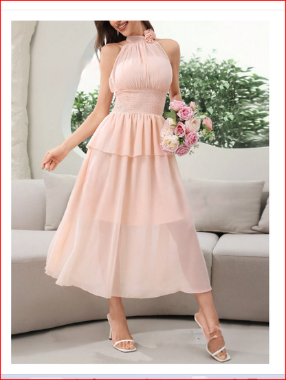 Elegant 3D Floral Decorated Midi Dress