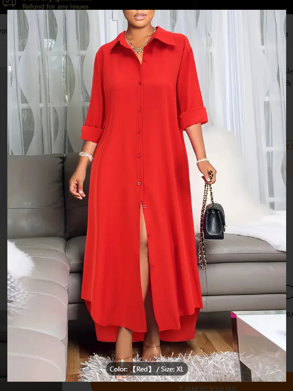 Red Button Front Long Sleeve  Shirt Dress