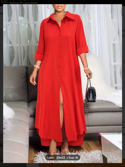 Red Button Front Long Sleeve  Shirt Dress