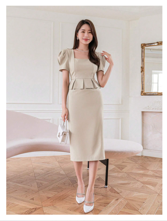 Fashionable Square Neck Puff Sleeve Dress Two in one Design Beige