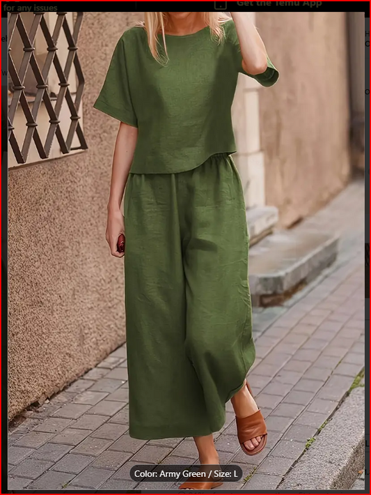 Army Green Two-Piece Crew Neck T-Shirt & Wide Leg Pants